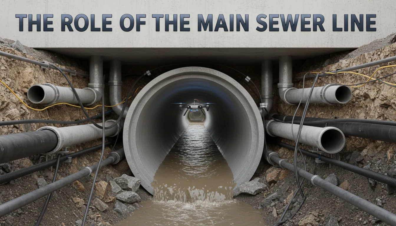 Diagram showing the role of the main sewer line in directing wastewater away from home fixtures.