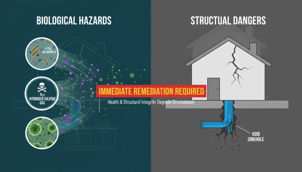 A dual-risk infographic showing biological hazards like bacteria and toxic gases alongside structural dangers such as foundation cracks and soil erosion caused by a sewer pipe burst.