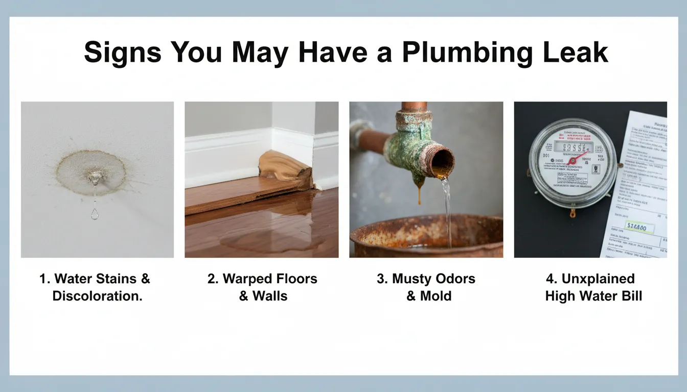Homeowner noticing signs of a plumbing leak, such as water stains or damp spots on walls and ceilings.
