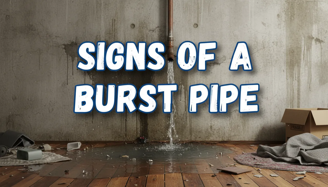 Infographic showing the signs of a burst pipe, including water leaks, low water pressure, stained walls and ceilings, and mold, with bold text highlighting the issue.