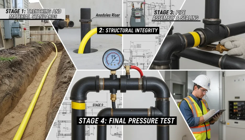 A detailed sequence showing a plumber for gas lines installing an underground yellow Polyethylene pipe, transitioning to indoor black iron piping, and performing a mandatory 15 PSI pressure test with a calibrated gauge.