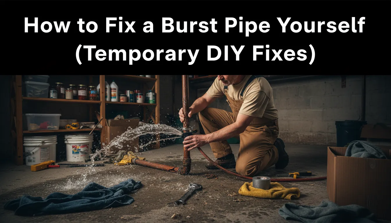 Close-up of a burst pipe being temporarily repaired with epoxy putty and a pipe clamp