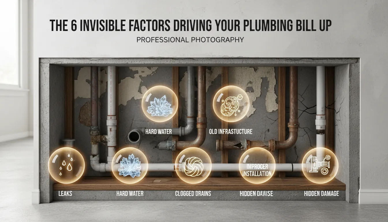 A plumbing repair bill with hidden factors like labor, materials, and emergency service charges highlighted.