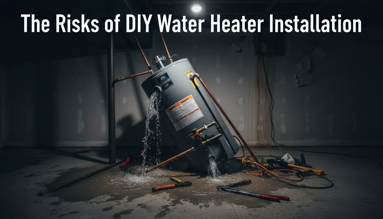 A homeowner attempting to install a water heater on their own, with potential risks of improper installation.