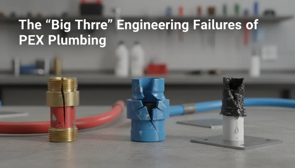 Infographic showing the big three PEX failures: oxidative degradation, dezincification of brass fittings, and stress cracking.