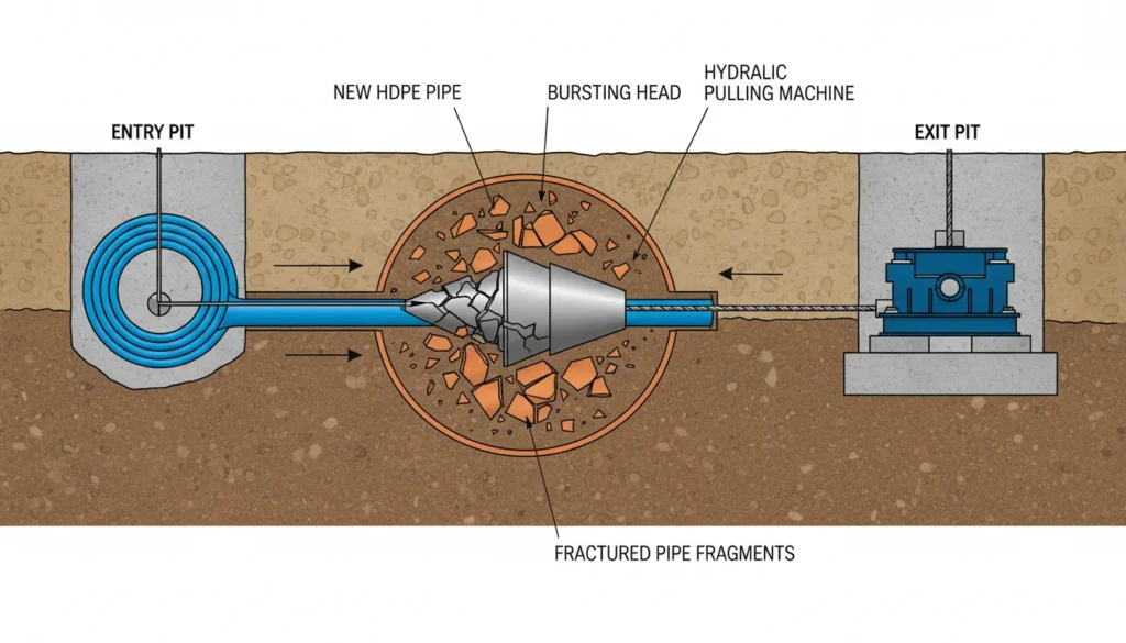 A technical diagram showing the trenchless pipe bursting process where a hydraulic bursting head shatters an old sewer pipe and pulls a new HDPE pipe into place simultaneously.