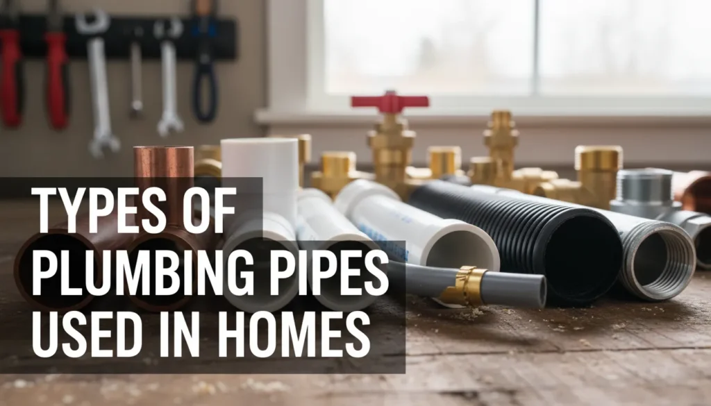 Types of plumbing pipes used in homes, including PVC, copper, and PEX pipes. A visual guide to help homeowners understand common plumbing materials.