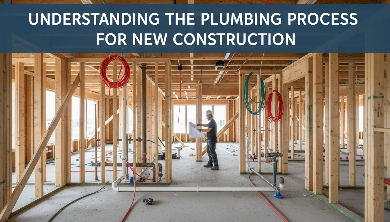 Plumbing process for new construction, from design to installation of pipes and fixtures.