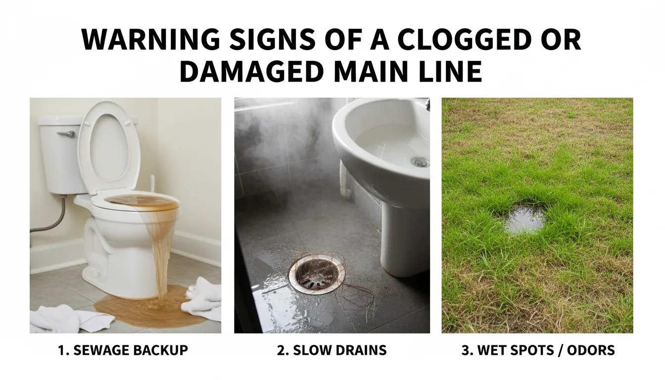 Illustration or diagram showing common warning signs of a clogged or damaged main sewer line, including multiple fixtures backing up, gurgling noises, and water backing up.