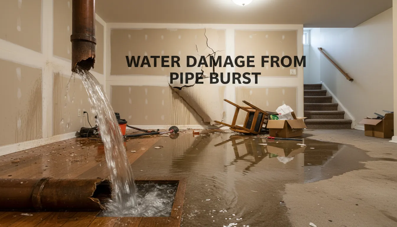 Water damage from a pipe burst flooding the home, emergency plumbing response needed