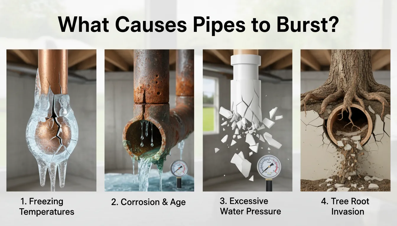 Infographic illustrating common causes of burst pipes, including freezing temperatures, high water pressure, and corrosion.