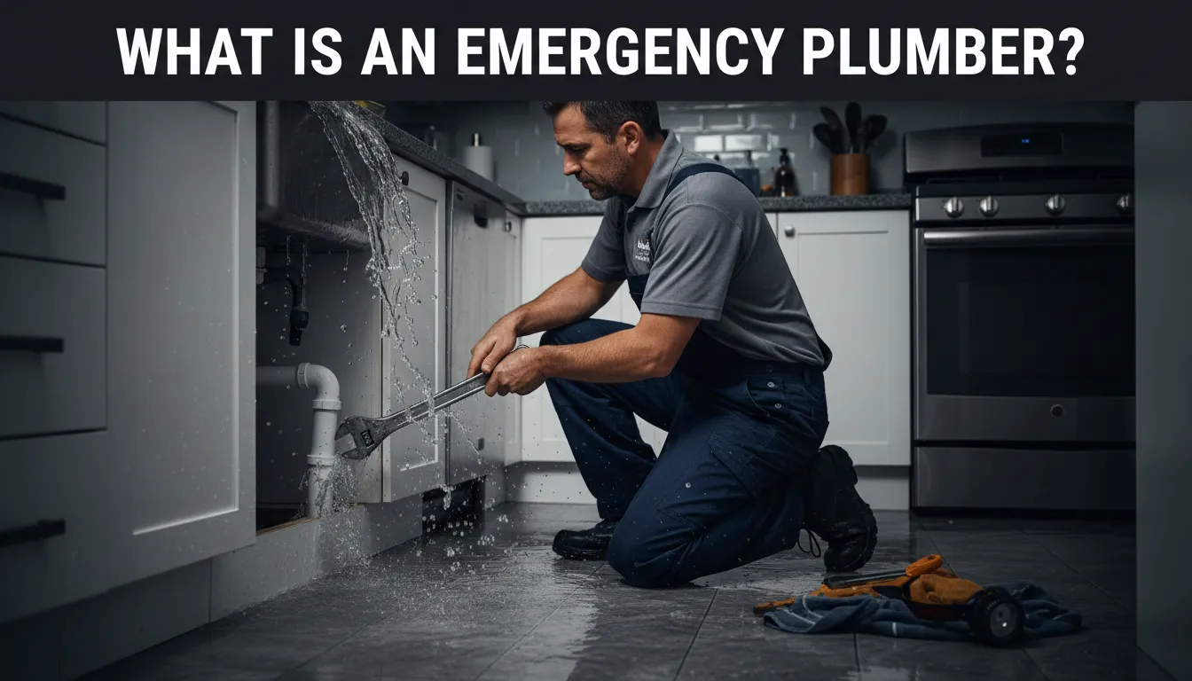 Emergency plumber working to fix burst pipe in a home during an emergency situation.