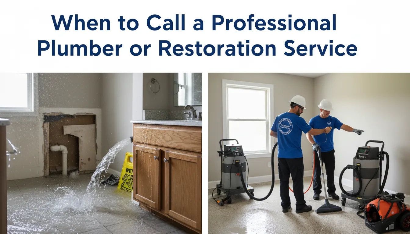 Image showing a professional plumber or restoration service team assessing water damage from a burst pipe