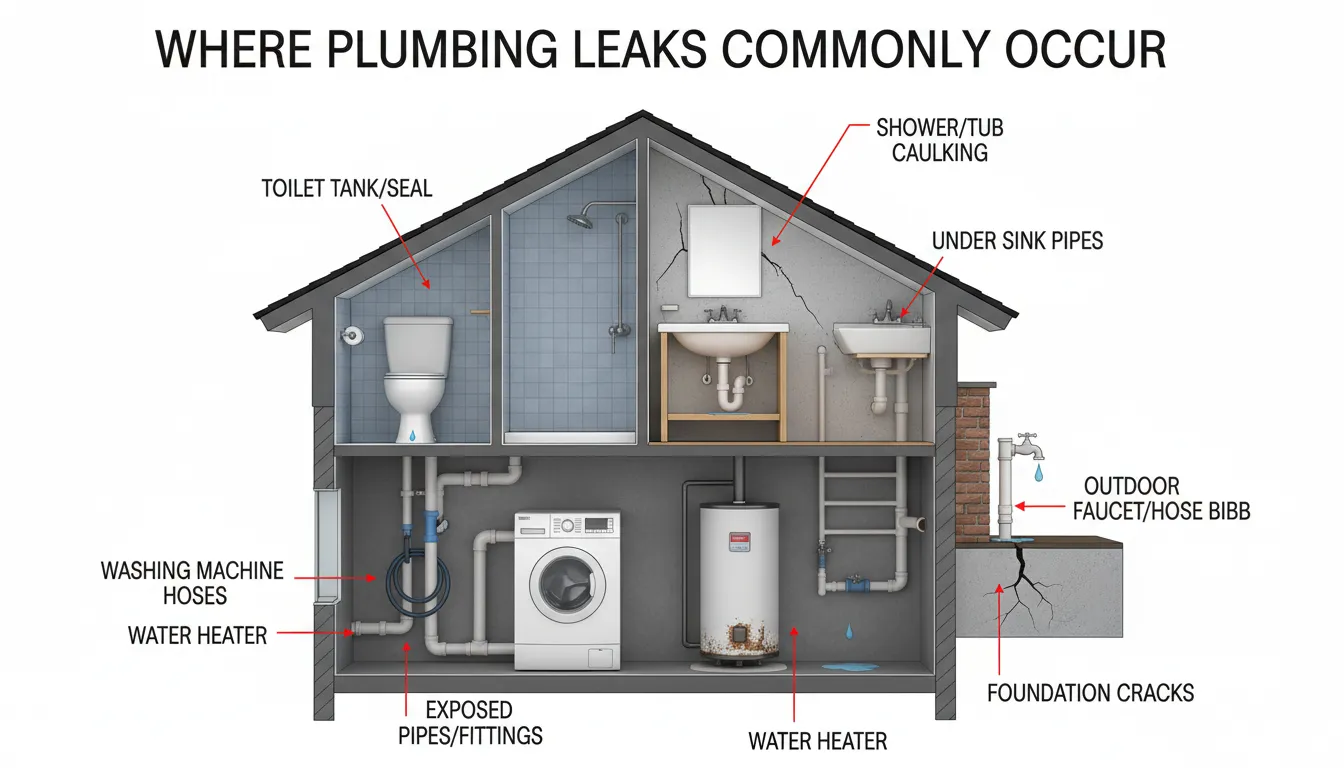 Common areas where plumbing leaks occur including under sinks, behind walls, ceilings, floors, toilets, and main water lines