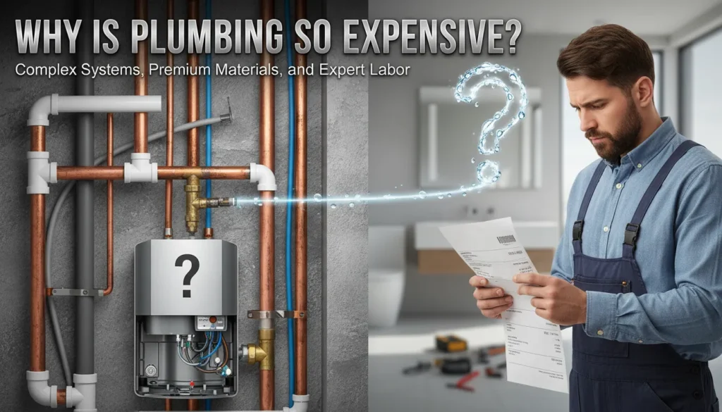A plumber fixing a pipe, highlighting the labor and expertise involved in plumbing services.