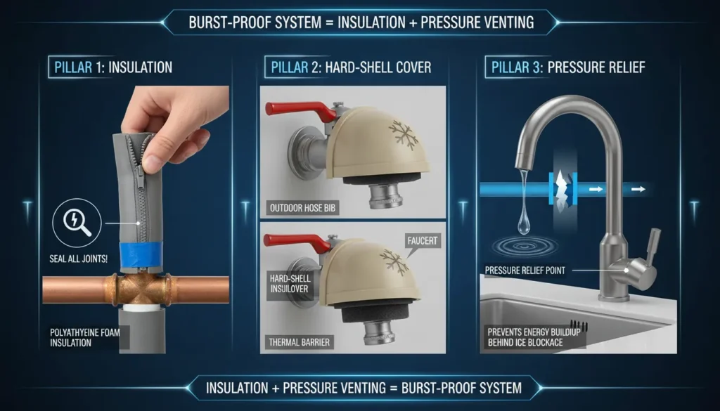 A comprehensive winterization setup showing foam tube insulation on copper pipes, an outdoor faucet cover, and a faucet indoors dripping water to relieve internal pressure.
