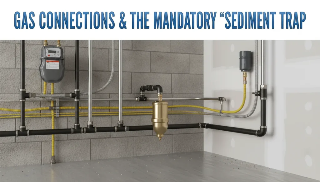 How to plumb a water heater: Installing a mandatory gas sediment trap and black iron pipe fittings.