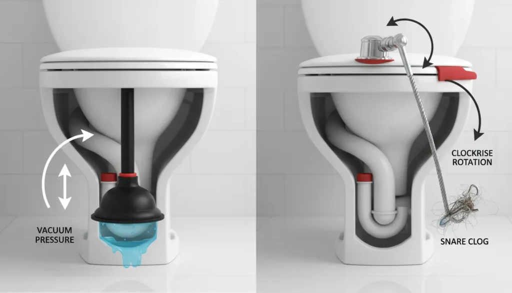 A side-by-side comparison showing a flange plunger creating a vacuum seal in a toilet and a professional toilet auger snake being inserted into the drain.