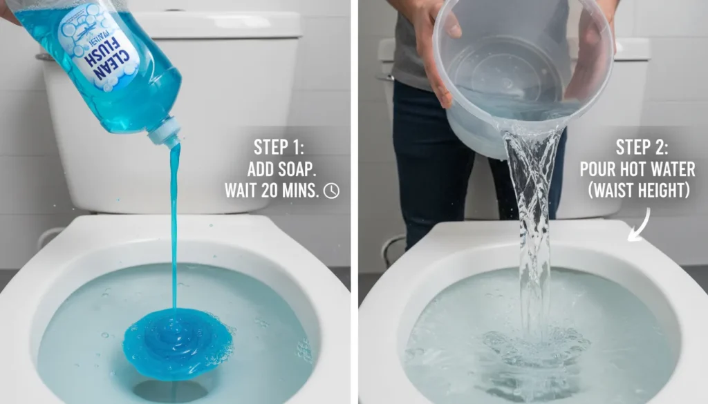 A top-down view of liquid dish soap being poured into a toilet bowl followed by hot water from a gallon bucket held at waist height.