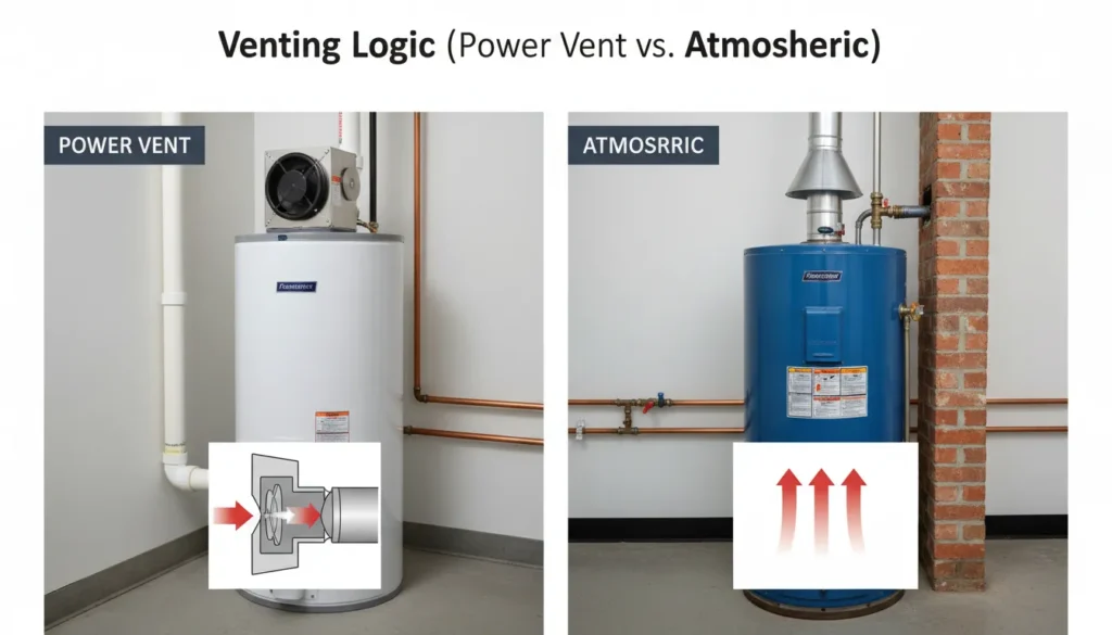 How to plumb a water heater: Comparing power vent PVC piping and atmospheric metal chimney venting.