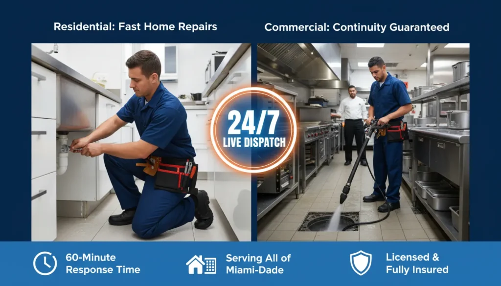 A professional split-screen comparison showing a plumber fixing a residential kitchen leak on the left and a commercial main-line repair for a business on the right, with a 24/7 availability badge.