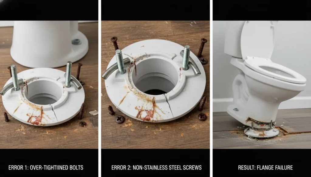 Toilet Flange Repair mistakes including cracked porcelain and rusted closet bolts