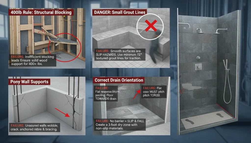 Common walk in shower with bench failures including poor drainage, lack of structural blocking, and slippery high-gloss tiles.