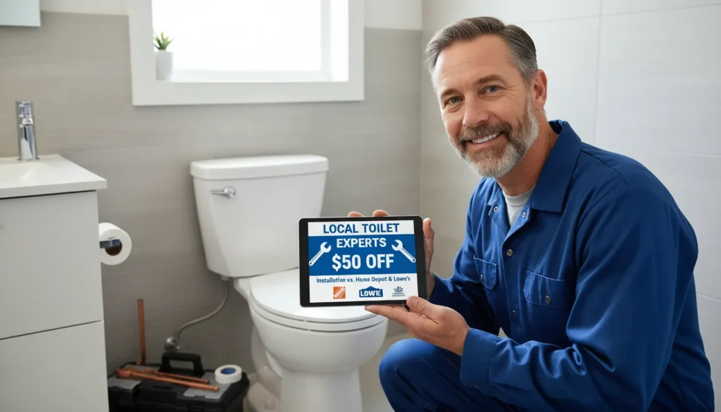 Professional local plumber providing toilet installation and repair services near me with a 50 dollar discount coupon.