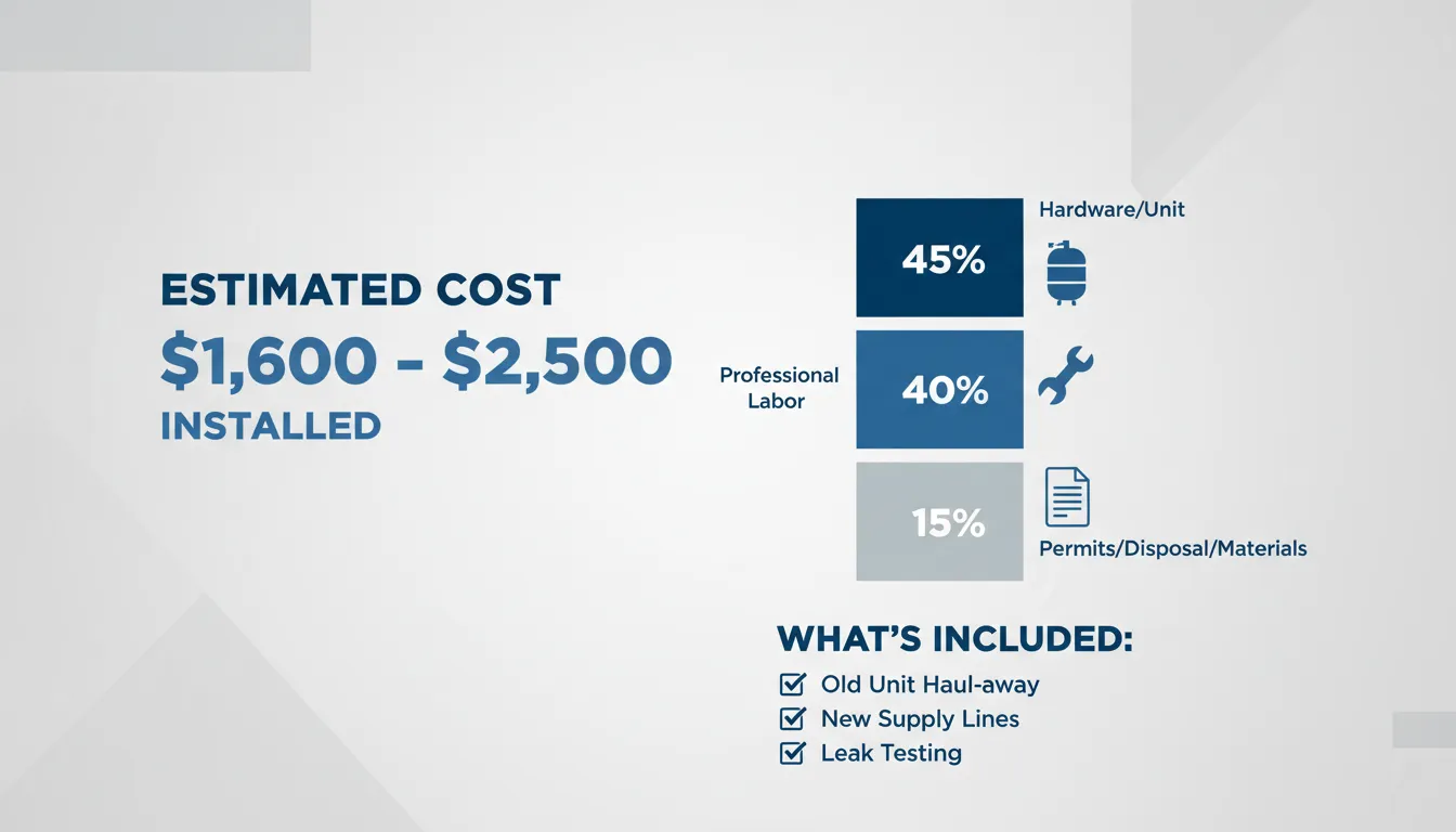 A professional cost comparison infographic showing the average price range for a water heater replacement, including a breakdown of unit price, labor fees, and permit costs.
