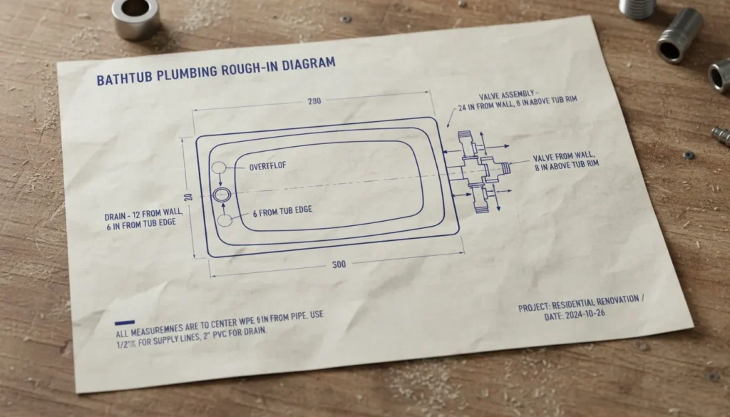 Bathtub plumbing rough-in diagram with exact measurements for drain and valve