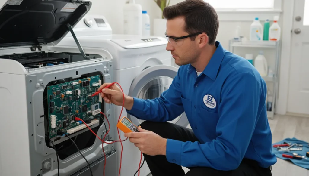 A licensed EZ Plumbing technician in uniform repairing a Samsung washing machine with professional tools in a Miami home.