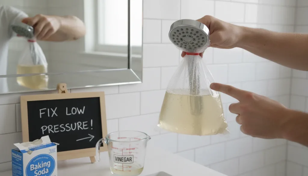 A chrome showerhead being submerged in a bowl of white vinegar to remove hard water mineral deposits.