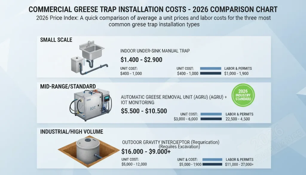 A detailed 2026 price index comparison chart showing installation costs for indoor manual grease traps, automatic grease removal units (AGRU), and large outdoor gravity interceptors for commercial kitchens.