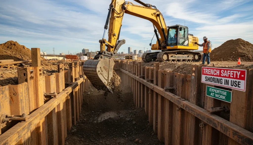 Heavy excavator performing land clearing and subgrade preparation for a commercial building project in Miami.