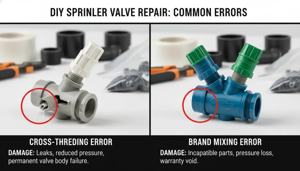 Sprinkler Valve Repair mistakes including cross-threaded screws and damaged solenoid O-rings