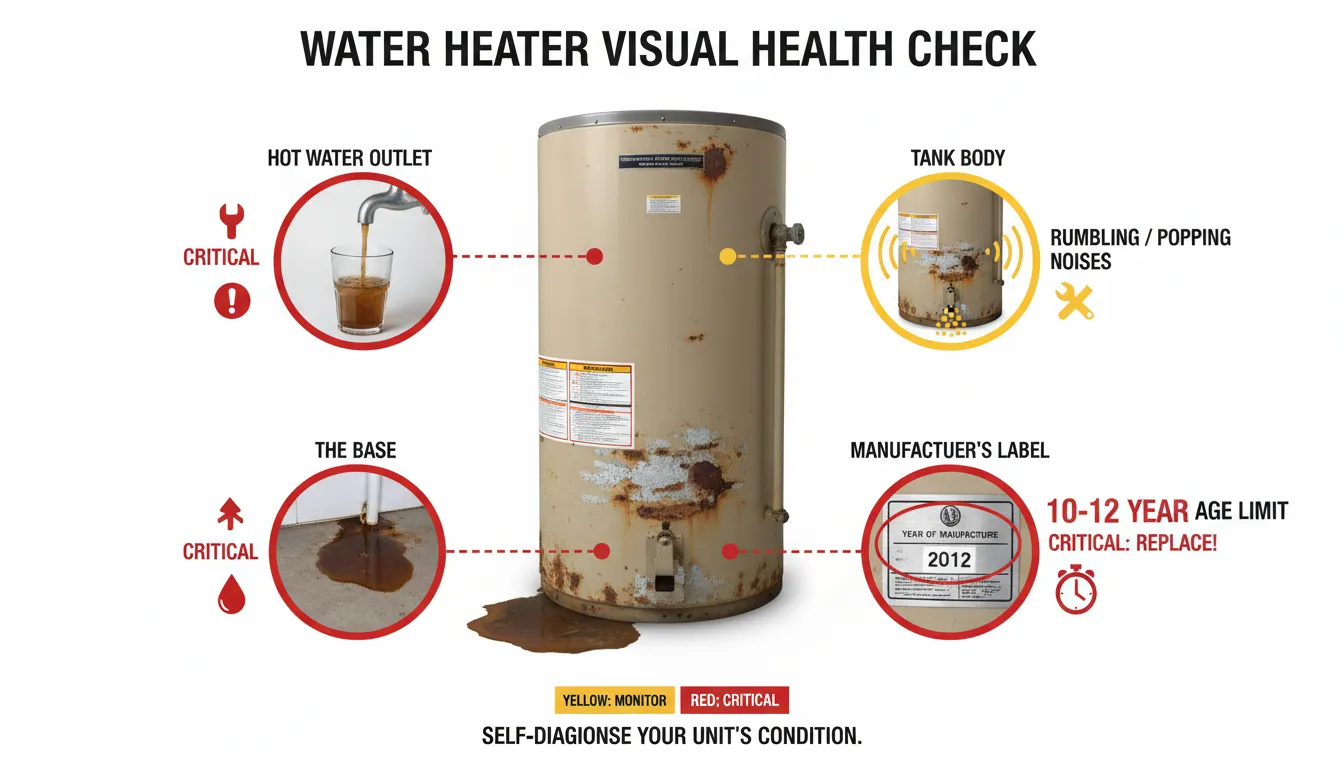 A professional diagnostic infographic showing the top four physical signs of a failing water heater: rust-colored water, pooling moisture at the base, metallic rumbling sounds, and a date of manufacture sticker older than 10 years.