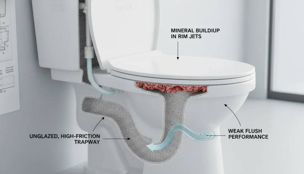 Technical view for Toilet Bowl Reviews showing common flush failure points like clogged rim jets and unglazed trapways.