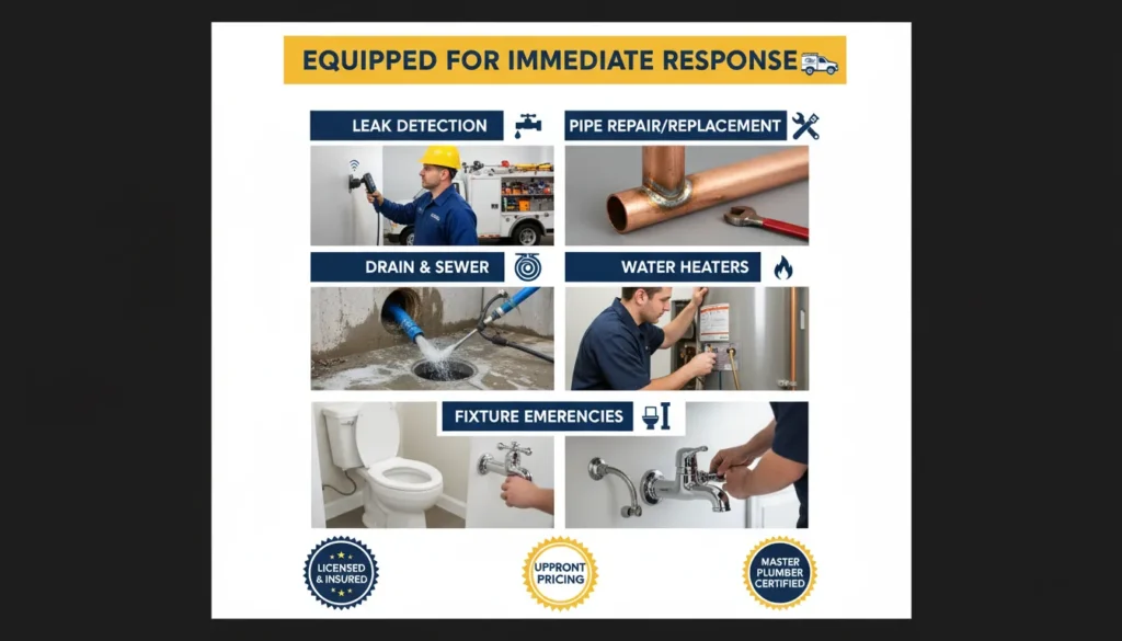 A detailed infographic listing various emergency plumbing services including leak detection, burst pipe repair, water heater replacement, and sewer line cleaning with 24/7 service icons.