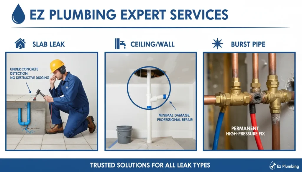 A professional plumber using advanced leak detection tools to repair a slab leak, a ceiling water pipe, and a burst copper line in a residential home.