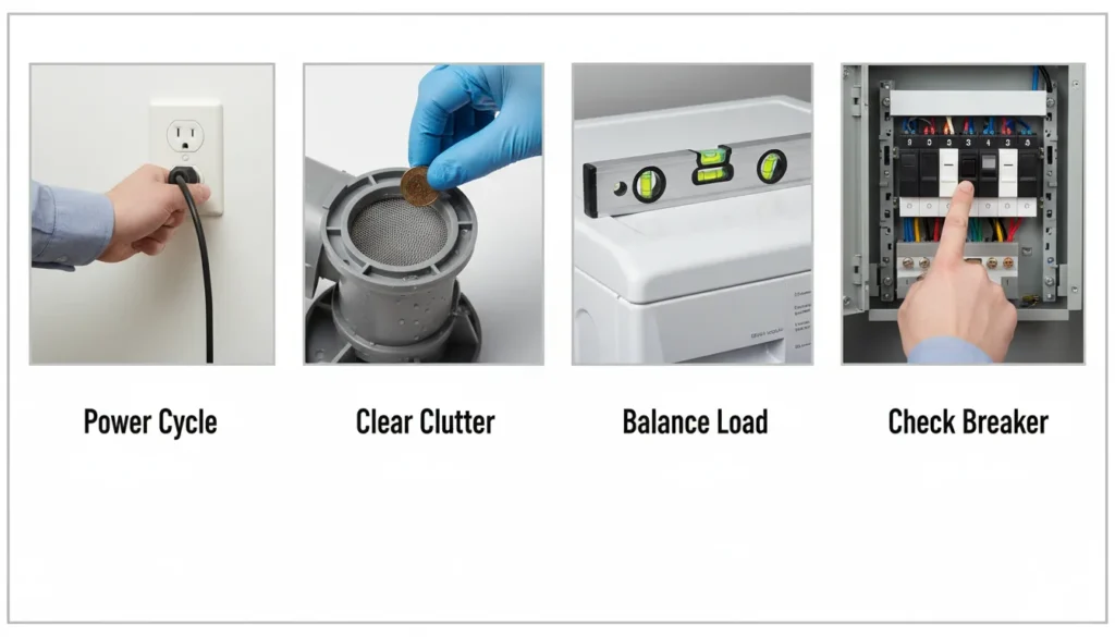 A four-panel infographic showing a power reset, drain filter cleaning, leveling a washer, and checking a circuit breaker.