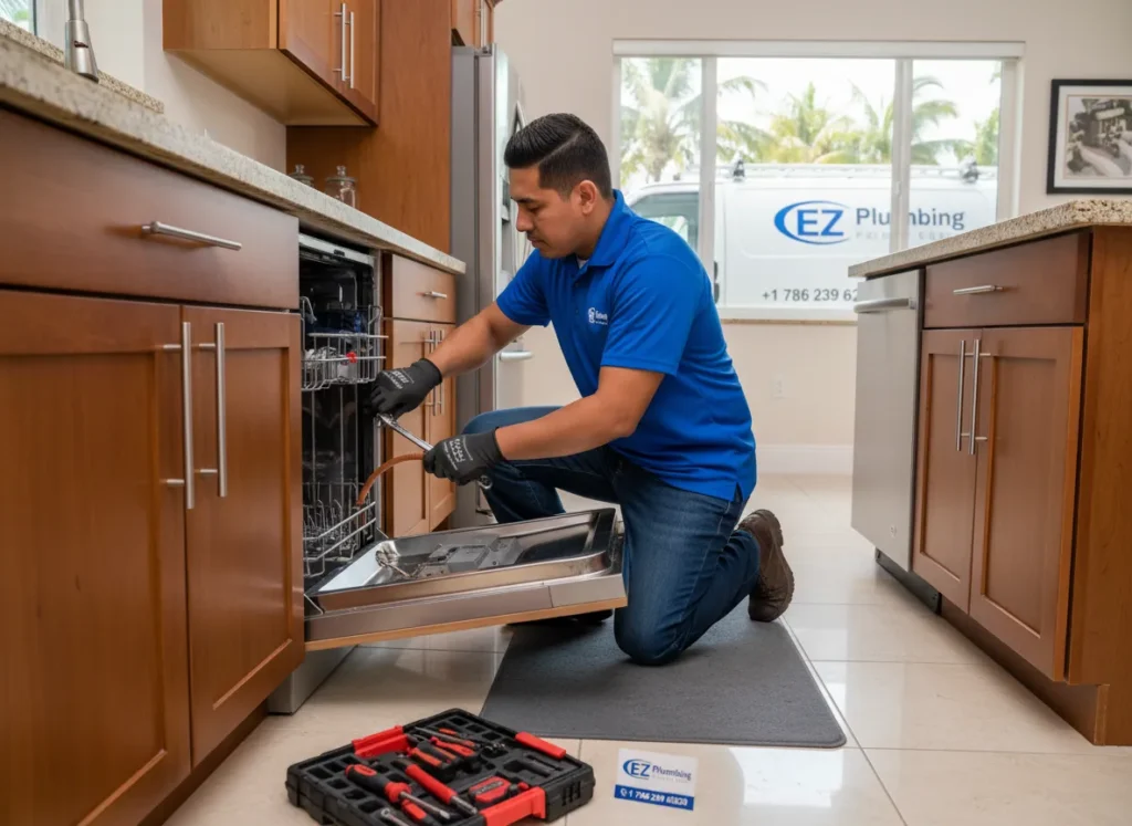 Ez Plumbing technician providing expert dishwasher leak repair and professional installation services in a Miami kitchen.
