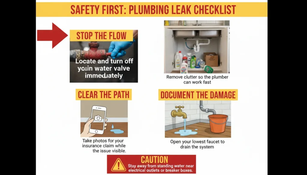 A step-by-step emergency plumbing guide for homeowners showing how to shut off the main water valve, clear the work area, and document damage while waiting for a plumber.
