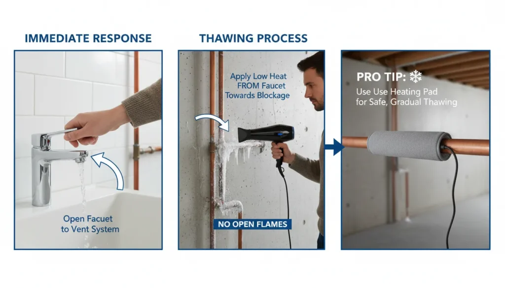 A step-by-step visual guide showing a homeowner safely thawing a frozen copper pipe using a hairdryer while keeping the faucet open to relieve pressure.