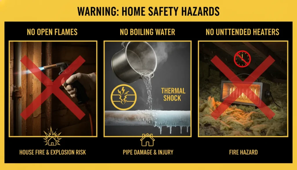 A high-contrast safety warning graphic showing three forbidden pipe thawing methods: a propane torch, boiling water, and an unattended space heater, each marked with a red universal 'No' symbol.