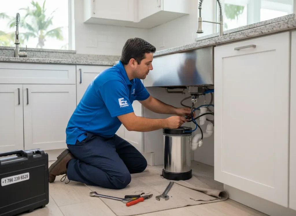 Ez Plumbing technician installing a high-capacity stainless steel garbage disposal unit under a kitchen sink in a Miami residence.
