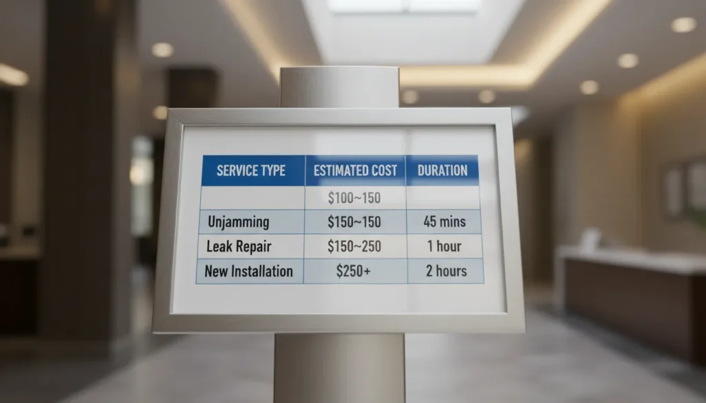 A pricing table showing the average costs for garbage disposal jams, leaks, and replacements in Miami.
