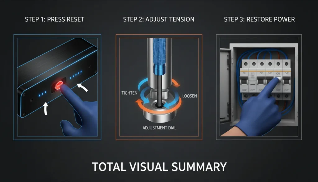 A step-by-step visual guide showing how to press the reset button and use a hex key to unjam a garbage disposal.