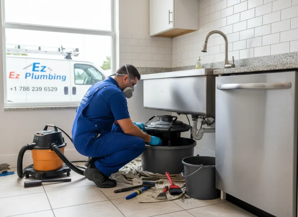 Ez Plumbing technician performing professional grease trap cleaning and maintenance for a commercial kitchen in Miami to ensure city code compliance.