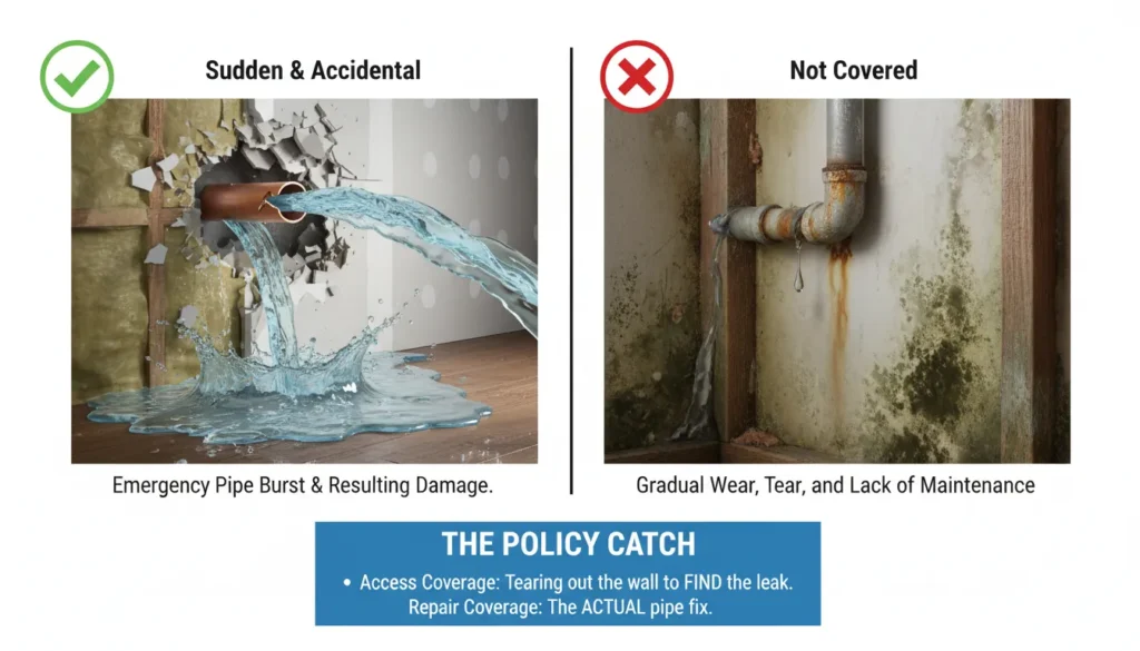 A detailed infographic showing a comparison between covered sudden pipe bursts and non-covered gradual water leaks under a standard homeowners insurance policy.