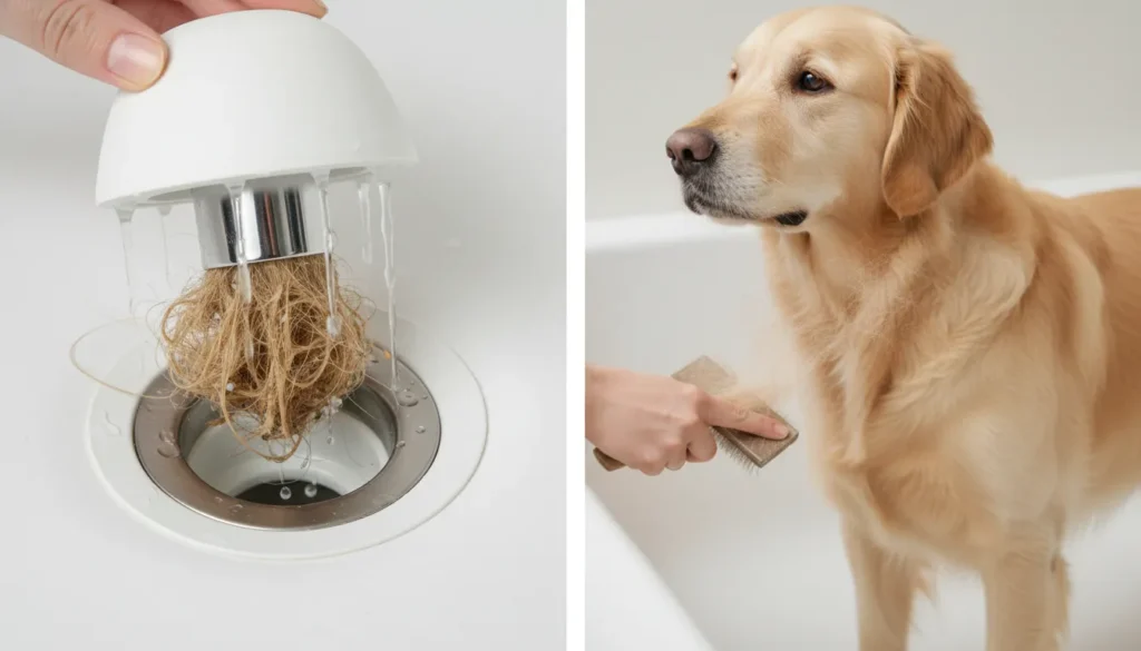 A high-angle view of a bathroom tub drain equipped with a silicone hair catcher trap filled with wet dog fur, demonstrating how to prevent plumbing clogs during a pet bath.